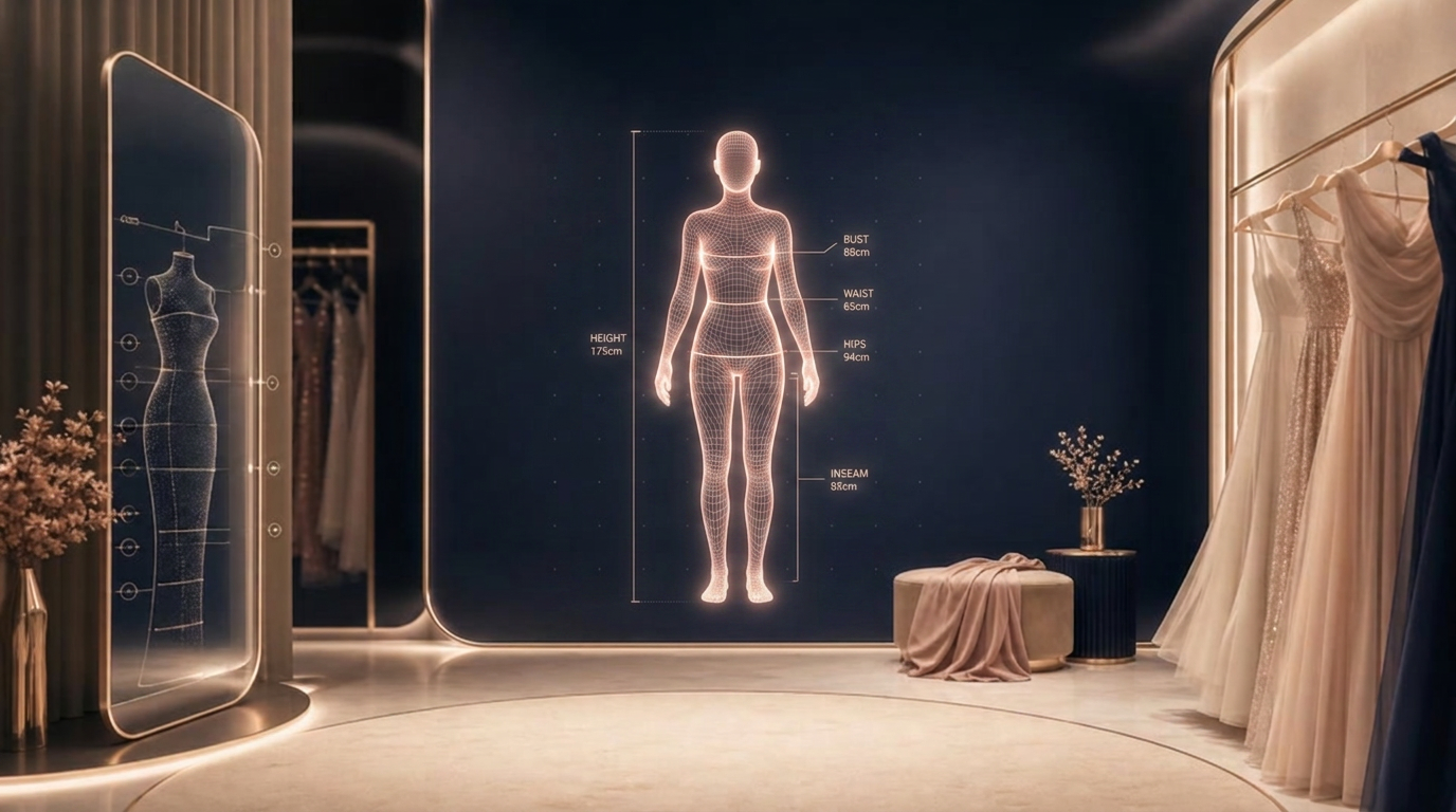 A glowing body-scan silhouette with bust, waist, hip and height measurements projected on the wall of a modern fitting room